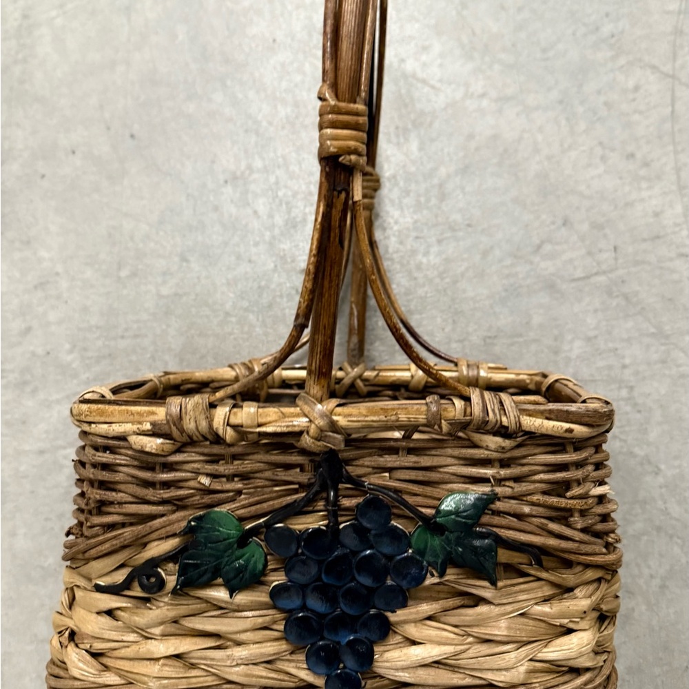 Unbranded Woven Basket With Handle And Grape Embellishment